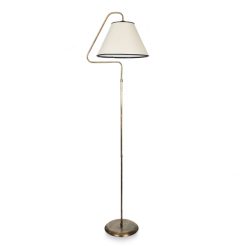 Podna lampa elegatnog dizajna, sa telom u boji mesinga i abažurom u beloj boji, koji donose u vaš prostor dodatno osvetljenje i stil.