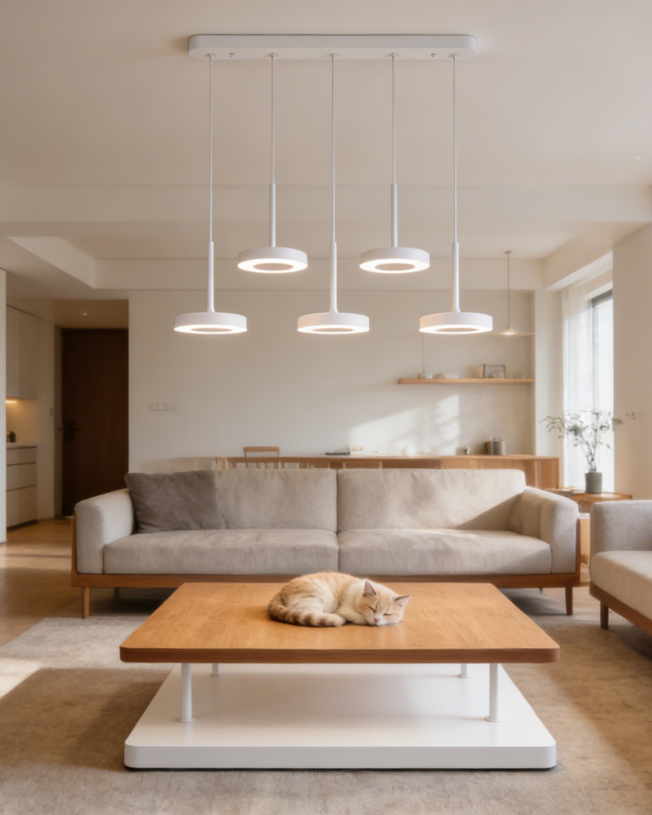 Bela moderna visilica IVY WHITE 5 sa pet LED prstenova iznad trpezarijskog stola